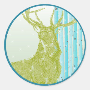 Adesivo Redondo Vintage Green Buck Deer Aqua Birch Tree Snowflake
