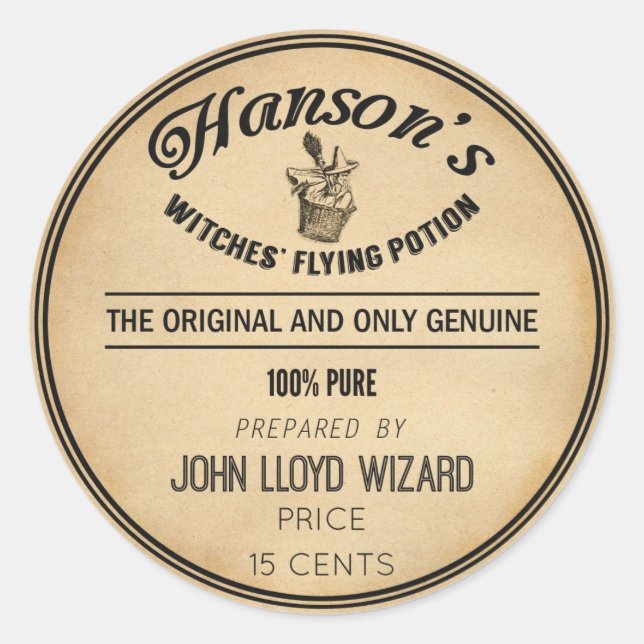 Adesivo Redondo Vintage Halloween Apothecary Flying Witold Broom (Frente)