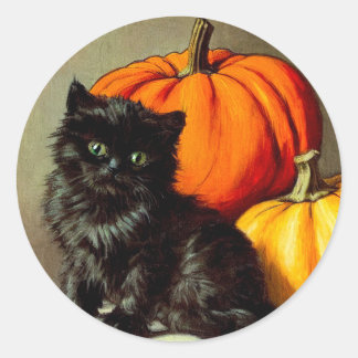 Adesivo Redondo Vintage Halloween Black Cat e Pumpkins