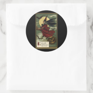 Adesivo Redondo Vintage Halloween Bruxa Andando Broomstick com Cat