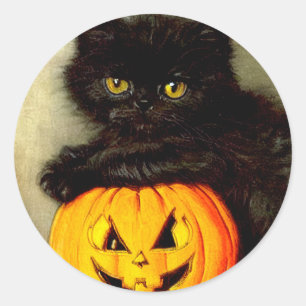 Adesivo Redondo Vintage Halloween Cat e Jack-o'-lantern