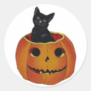 Adesivo Redondo Vintage Halloween Cat Em Pumpkin