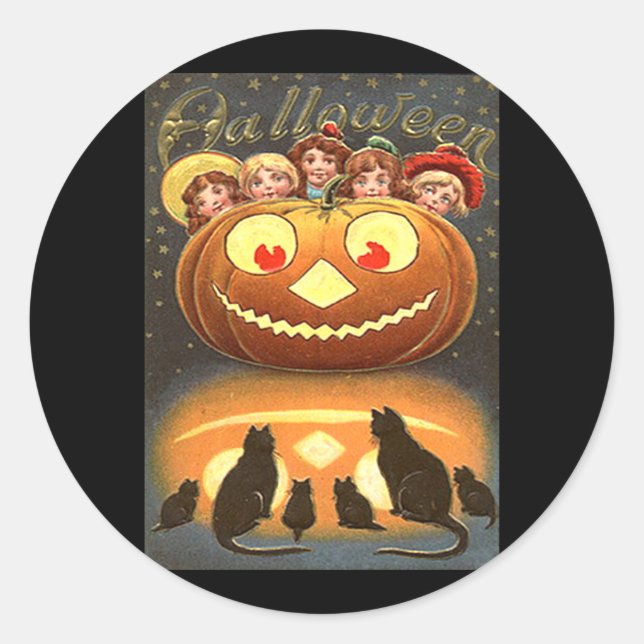 Adesivo Redondo Vintage Halloween Crianças e Gatos (Frente)