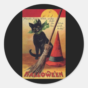 Adesivo Redondo Vintage Halloween de Ellen Clapsaddle, Gato Negro