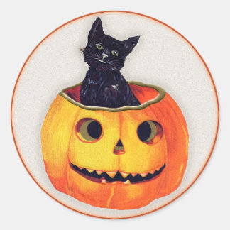 Adesivo Redondo Vintage Halloween - Gato Negro num Jack O'Lanterna