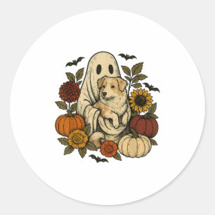 Adesivo Redondo Vintage Halloween Ghost Aussie Dog Autumn Flowers