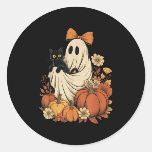 Adesivo Redondo Vintage Halloween Ghost Segurando Groovy Negro