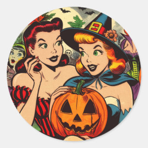 Adesivo Redondo Vintage Halloween Girls Histórias em quadrinhos