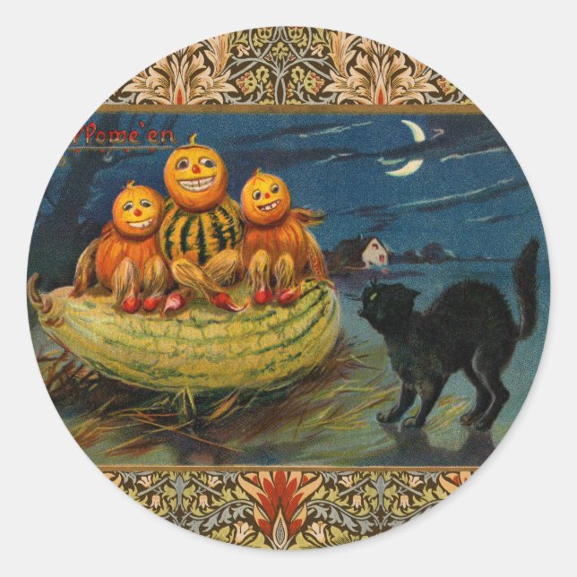 Adesivo Redondo Vintage Halloween Pumpkins Black Cat (Frente)