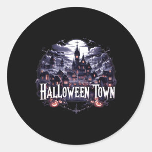 Adesivo Redondo Vintage Halloween Town Skeleton Ghost Pumpkin Hall