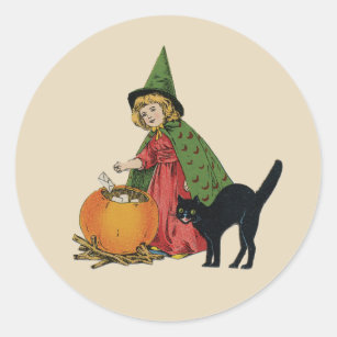 Adesivo Redondo Vintage Halloween Witch and Cat, Ellen Clapsaddle