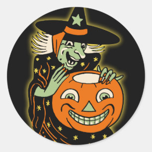 Adesivo Redondo Vintage Halloween Witch e Jack O'Lantern