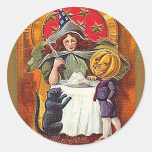 Adesivo Redondo Vintage Halloween Witness e Pumpkin Head Boy