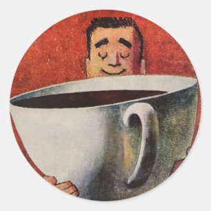 Adesivo Redondo Vintage Happy Man Bebendo Xícara Gigante de Café