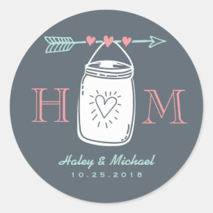Adesivo Redondo Vintage Heart Mason Jar Monogram Sticker