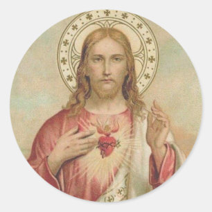 Adesivo Redondo Vintage Heart of Jesus Thorns Blush Flames