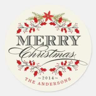 Adesivo Redondo Vintage Holly Wreath Christmas Wreath Sticker