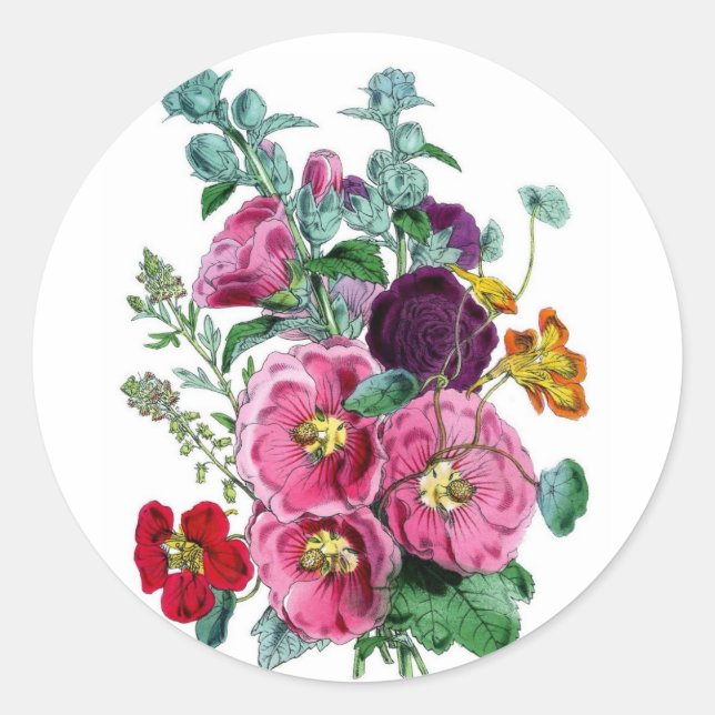 Adesivo Redondo Vintage Hollyhock Blooms (Frente)