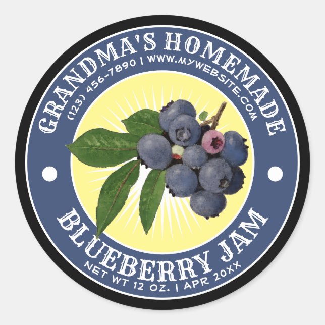 Adesivo Redondo Vintage Homemade Blueberry Jam Label Modelo (Frente)