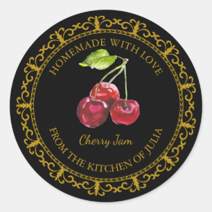 Adesivo Redondo Vintage Homemade Cherry Jam Label l Black