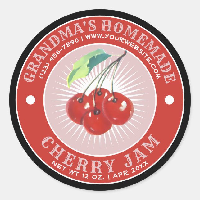 Adesivo Redondo Vintage Homemade Cherry Jam Modelo (Frente)