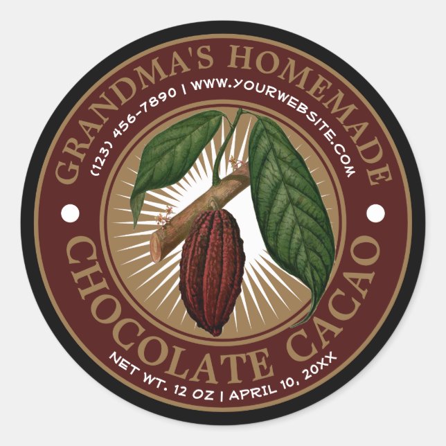 Adesivo Redondo Vintage Homemade Chocolate Cacao Label Modelo (Frente)