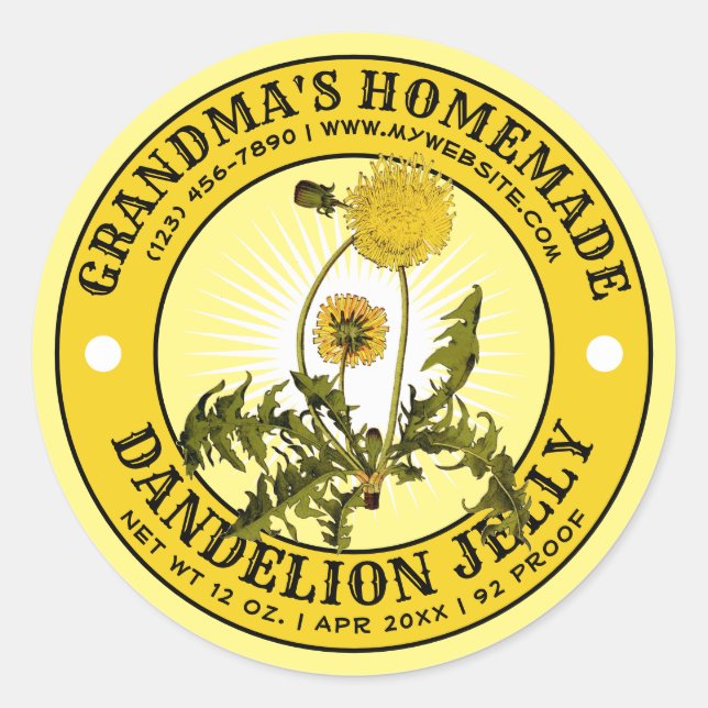 Adesivo Redondo Vintage Homemade Dandelion Jelly Label Modelo (Frente)