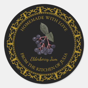Adesivo Redondo Vintage Homemade Elderberry Jam Label l Black