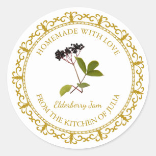 Adesivo Redondo Vintage Homemade Elderberry Jam Label l White