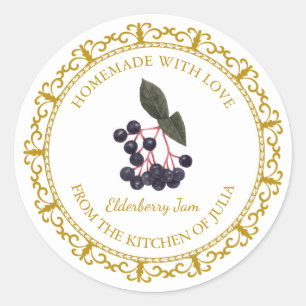 Adesivo Redondo Vintage Homemade Elderberry Jam Label l White