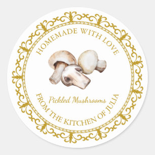 Adesivo Redondo Vintage Homemade Mushroom Pickle Label Branco