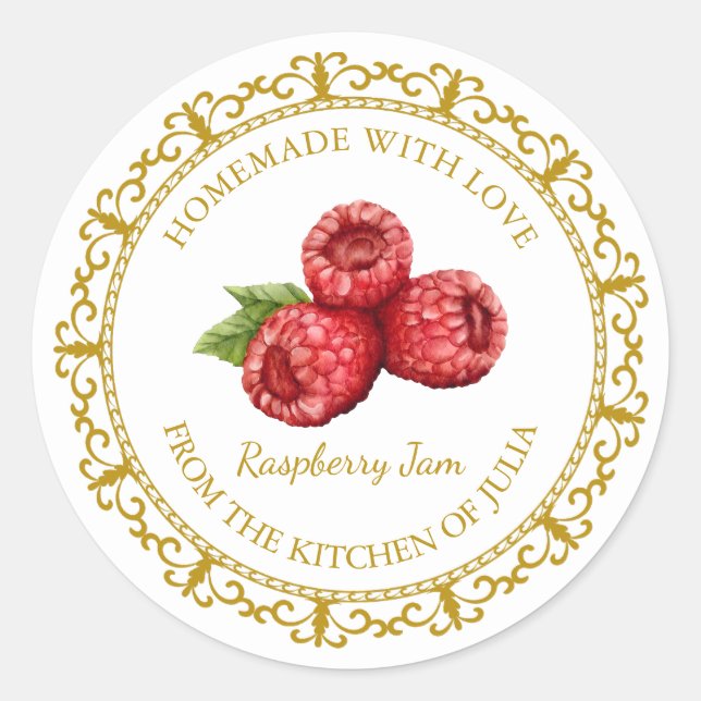 Adesivo Redondo Vintage Homemade Raspberry Jam Label White (Frente)