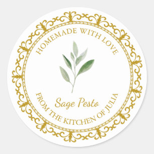 Adesivo Redondo Vintage Homemade Sage Rótulo Pesto Branco