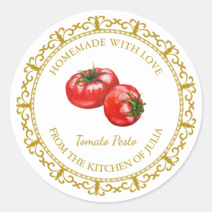 Adesivo Redondo Vintage Homemade Tomato Pesto Rótulo l Branco