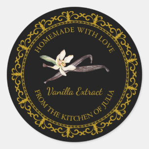 Adesivo Redondo Vintage Homemade Vanilla Extract Label Black