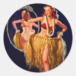 Adesivo Redondo Vintage Hula Hawaiian Pin UP Girl