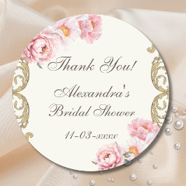 Adesivo Redondo Vintage Ivory Pink Peony Bridal Shower Thank You