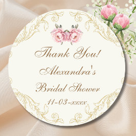 Adesivo Redondo Vintage Ivory Pink Peony Bridal Shower Thank You