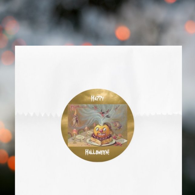 Adesivo Redondo Vintage Jack o'Lanterna com Bruxas (Vintage Jack o'Lantern with Witches Classic Round Sticker)