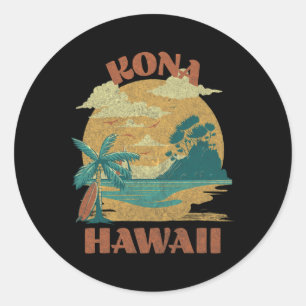 Adesivo Redondo Vintage Kona Beach Surf Havaí Surfe no Havaí