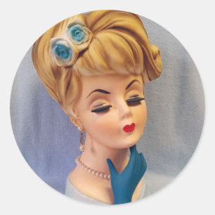 Adesivo Redondo Vintage Lady Head Vase Blue Rosa e Mão Adorada