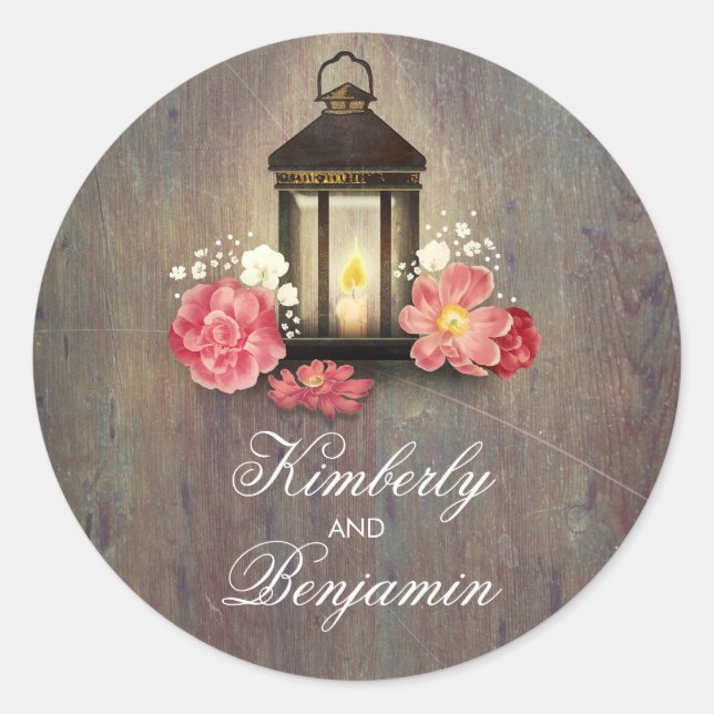Adesivo Redondo Vintage Lanterna Rustic Wood Barn Weding (Frente)