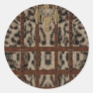Adesivo Redondo Vintage Leather Tribal Snow Lepard Impressão Anima
