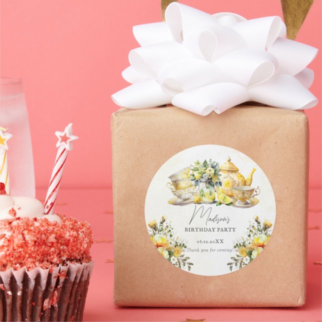 Adesivo Redondo Vintage Lemon Birthday Tea Party Obrigado (Festa)