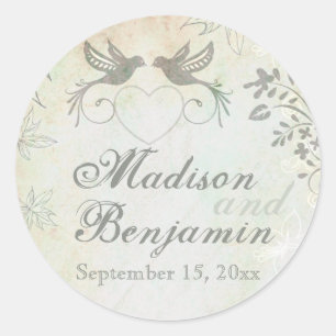 Adesivo Redondo Vintage Love Birds Casamento Favor Selantes