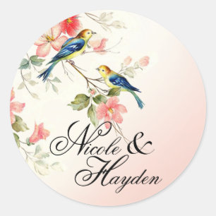 Adesivo Redondo Vintage Love Birds Favor   cor-de-rosa-claro
