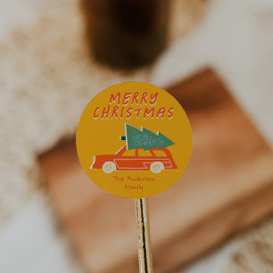 Adesivo Redondo Vintage Mão Desenhada Vermelha Amarela Árvore De C