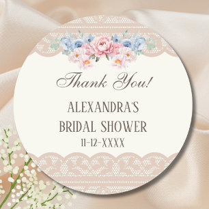 Adesivo Redondo Vintage Marfim Renda Floral Obrigada Chá de Noiva