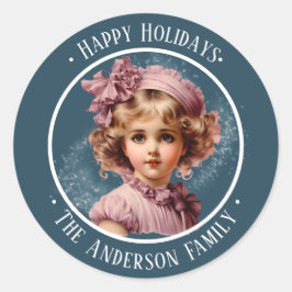 Adesivo Redondo Vintage menina nostálgica em autocolante de texto 