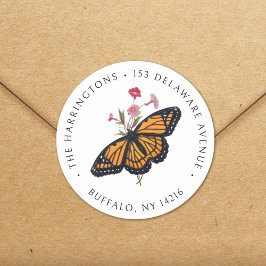 Adesivo Redondo Vintage Monarca Butterfly Endereço de Retorno de B